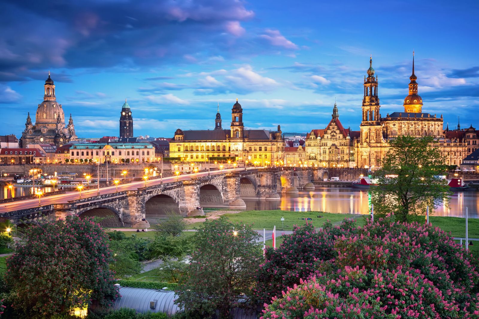 Dresden Panorama on the Elbe river in the Evening