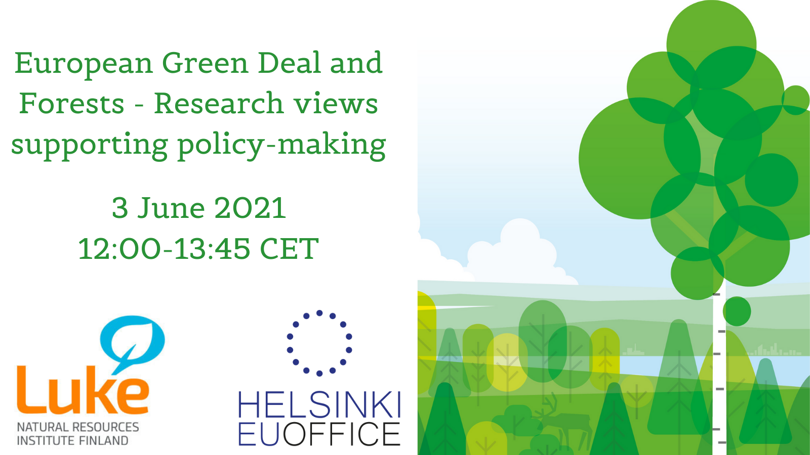 European Green Deal and Forests – Research views supporting policy-making, forest on the background and a larger single tree in the front on the right-hand side