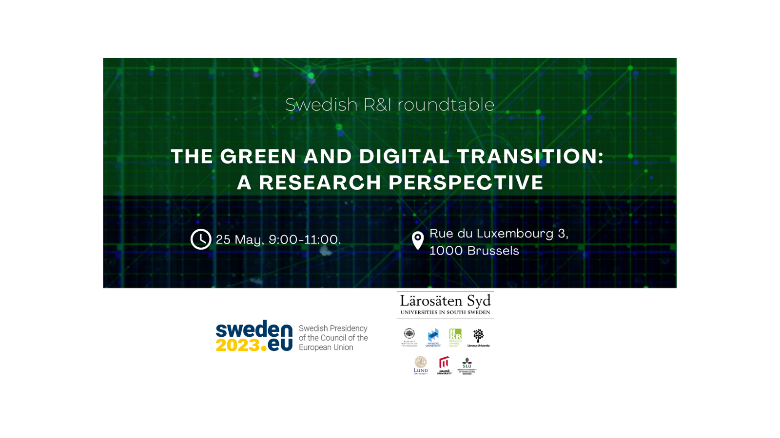 Text on a back group reading Swedish R&I roundtable THE GREEN AND DIGITAL TRANSITION: A RESEARCH PERSPECTIVE
