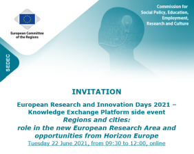 R&amp;I Days: Knowledge Exchange Platform - Regions and Cities role in the new ERA and opportunities from Horizon Europe