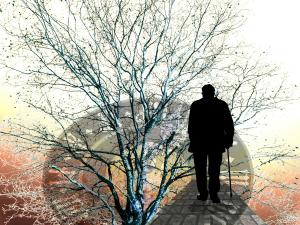 A representation of a lonely elderly man against the backdrop of a silver tree 