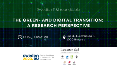 Tesxt on a green background reading [Invitation] The Green- and Digital Transition: A Research Perspective  25 May 09:00-11:00