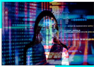 Futuristic image of a female figure in front of a database on the screen