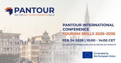 A promotional poster for the PANTOUR International Conference on Tourism Skills 2026-2036, scheduled for February 24, 2026, at ETOA Headquarters, Rue du Marché aux Herbes 61, Brussels. It features the event title in large orange and white text, the PANTour logo, a blurred panoramic photo of Brussels architecture including historic buildings and a church tower, and EU co-funded by the European Union branding