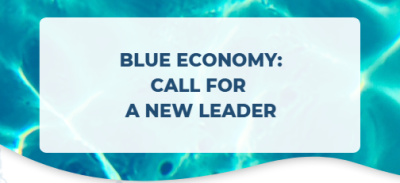 Blue Economy: Call for a new leader (letters on a textbox on top of a water background)