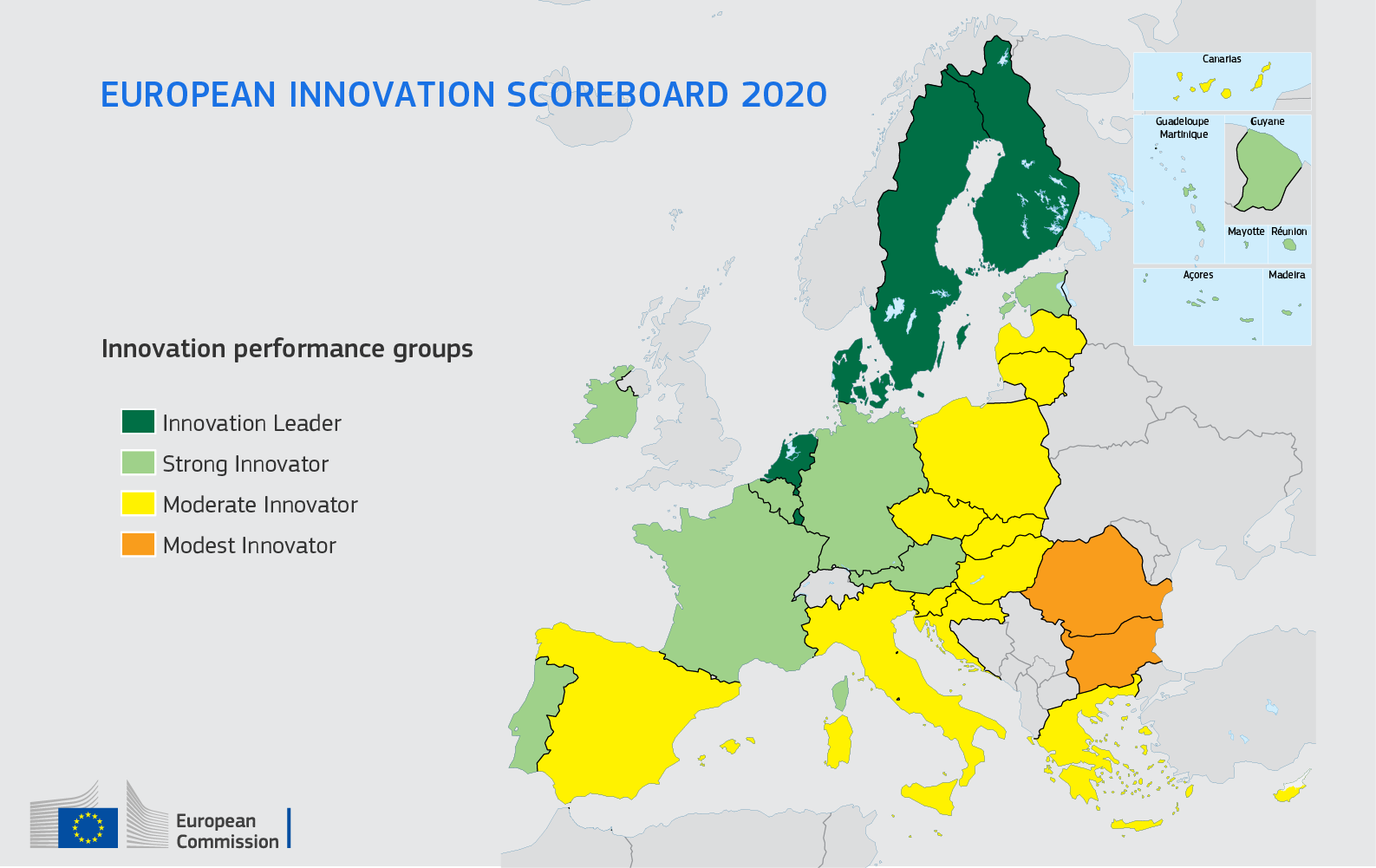A map of Europe showing the innovation performance groups from the 2020 innovation scoreboard.